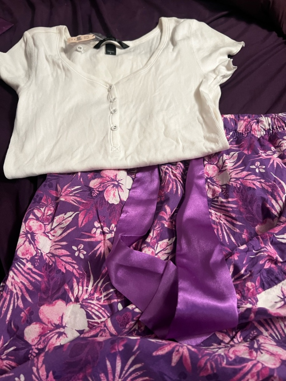 Victoria's Secret White Ribbed Top with Purple Floral Satin Pajama Pants